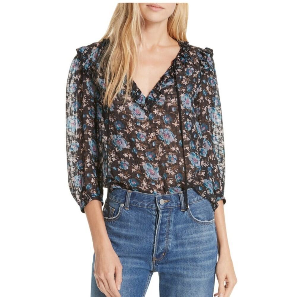 Rebecca Taylor Women's Solstice Floral Blouse Black Size 6 Clip Dot Silk Top